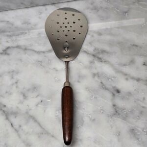 Vintage Rostfritt Sweden Sveico Slotted Spatula Wood Handle Turner, Flipper, MCM